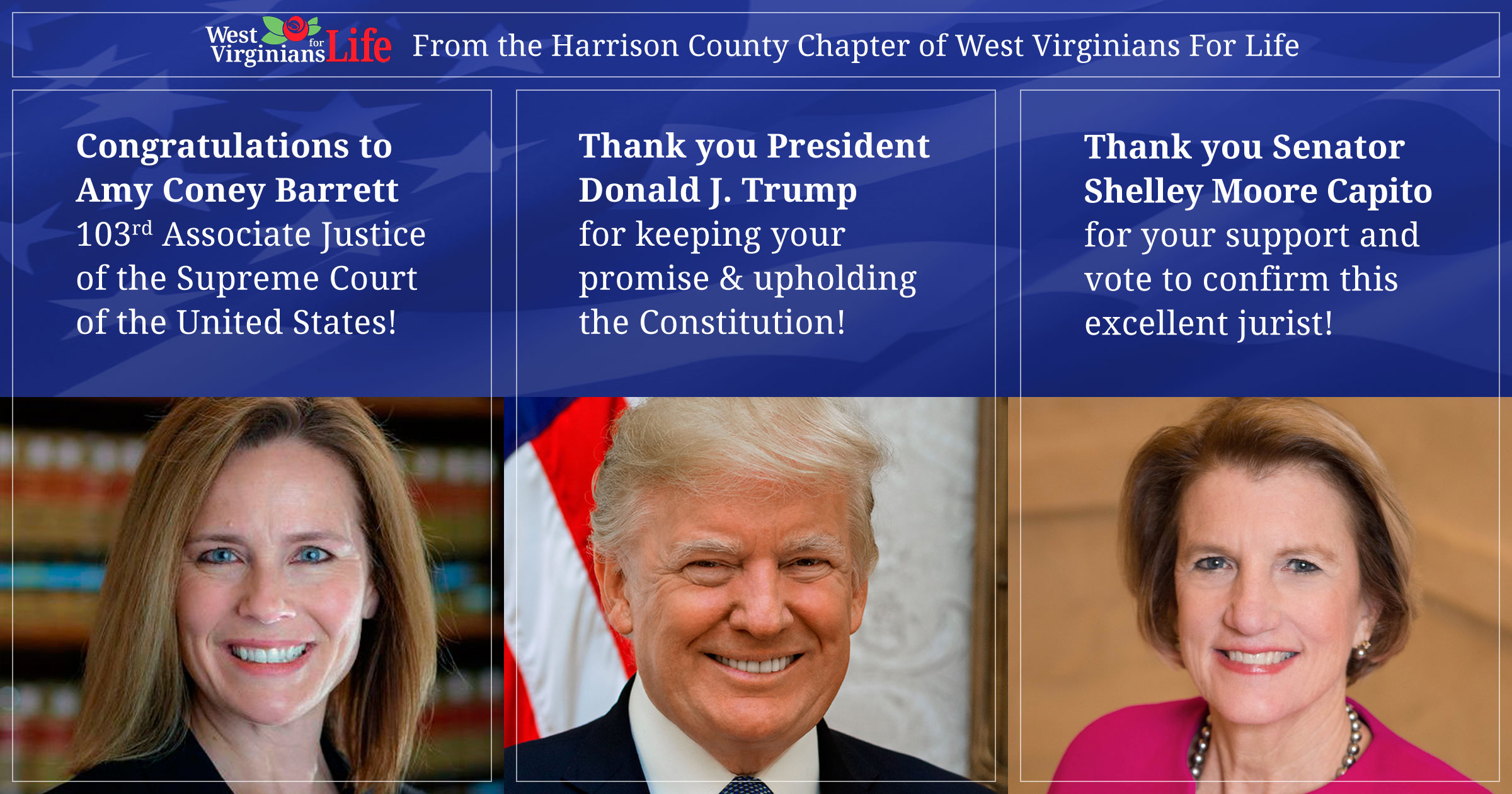 Congratulations to Amy Coney Barrett, Thanks to President Trump and Senator Moore-Capito